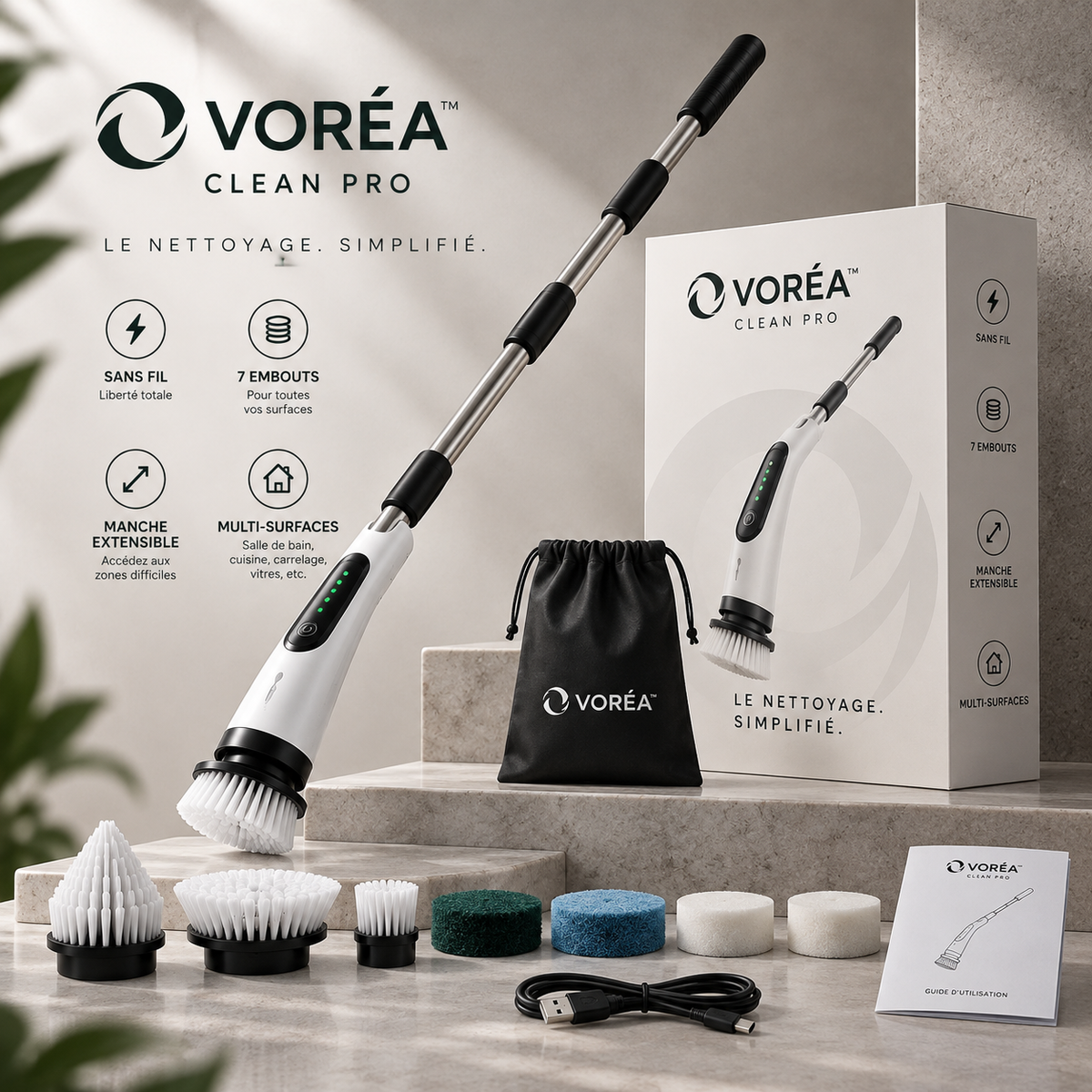 VORÉA™ Clean Pro — Brosse de Nettoyage Électrique 7-en-1